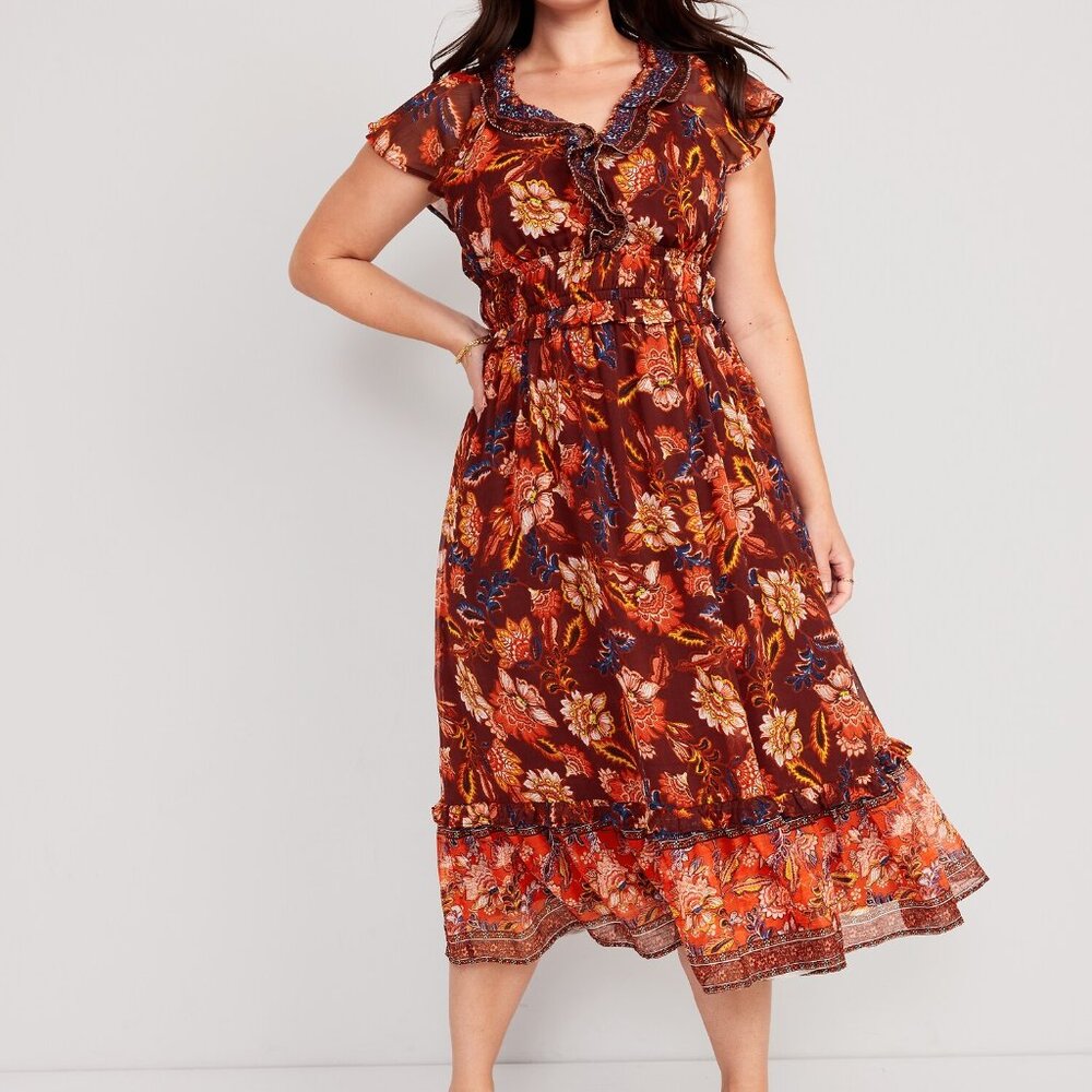 Old Navy NWT ruffle V neck Flutter sleeve waist defined midi dress, L